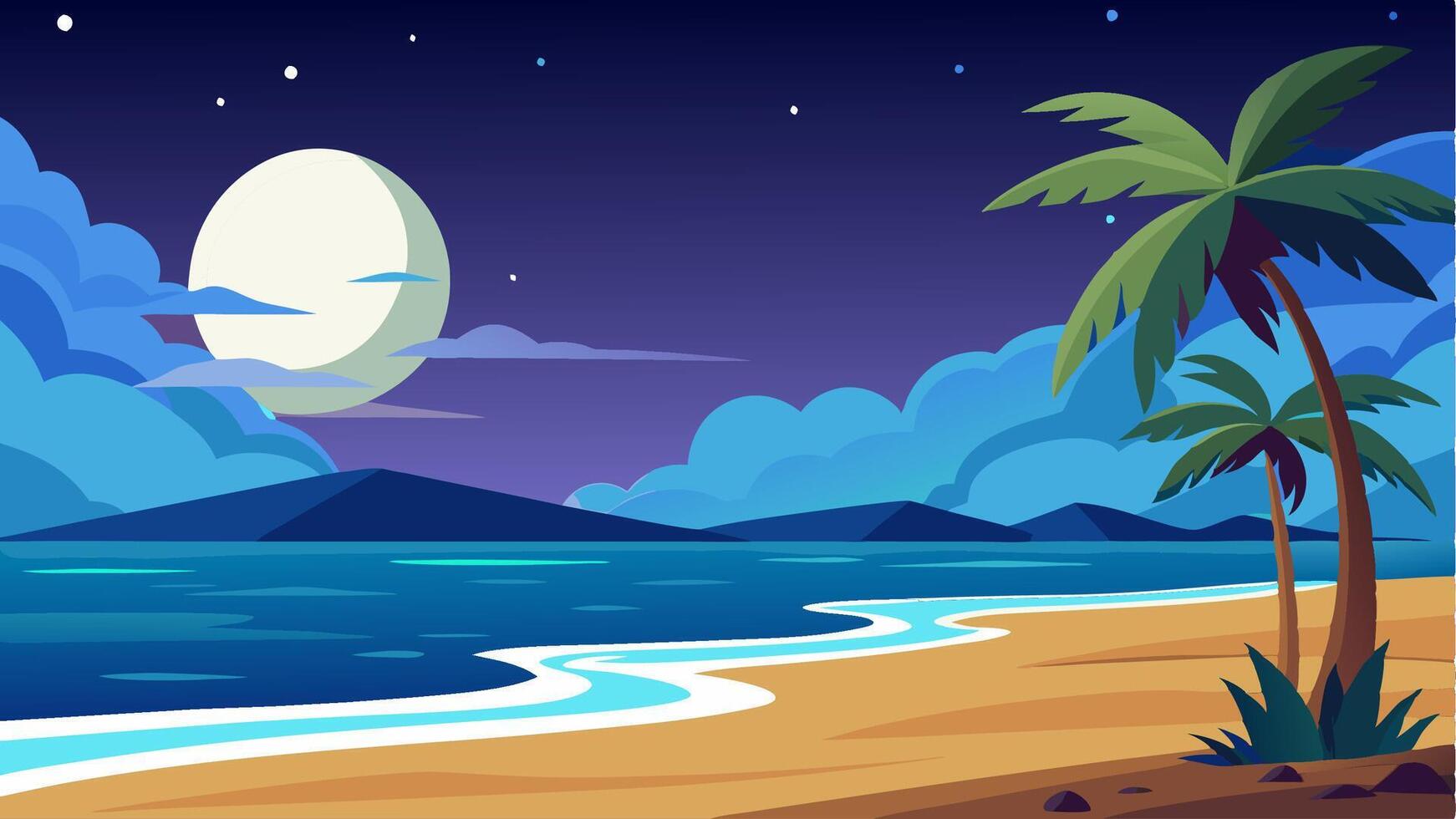 Night Beach Illustration with Moon and Palm Trees for business presentations or marketing materials vector