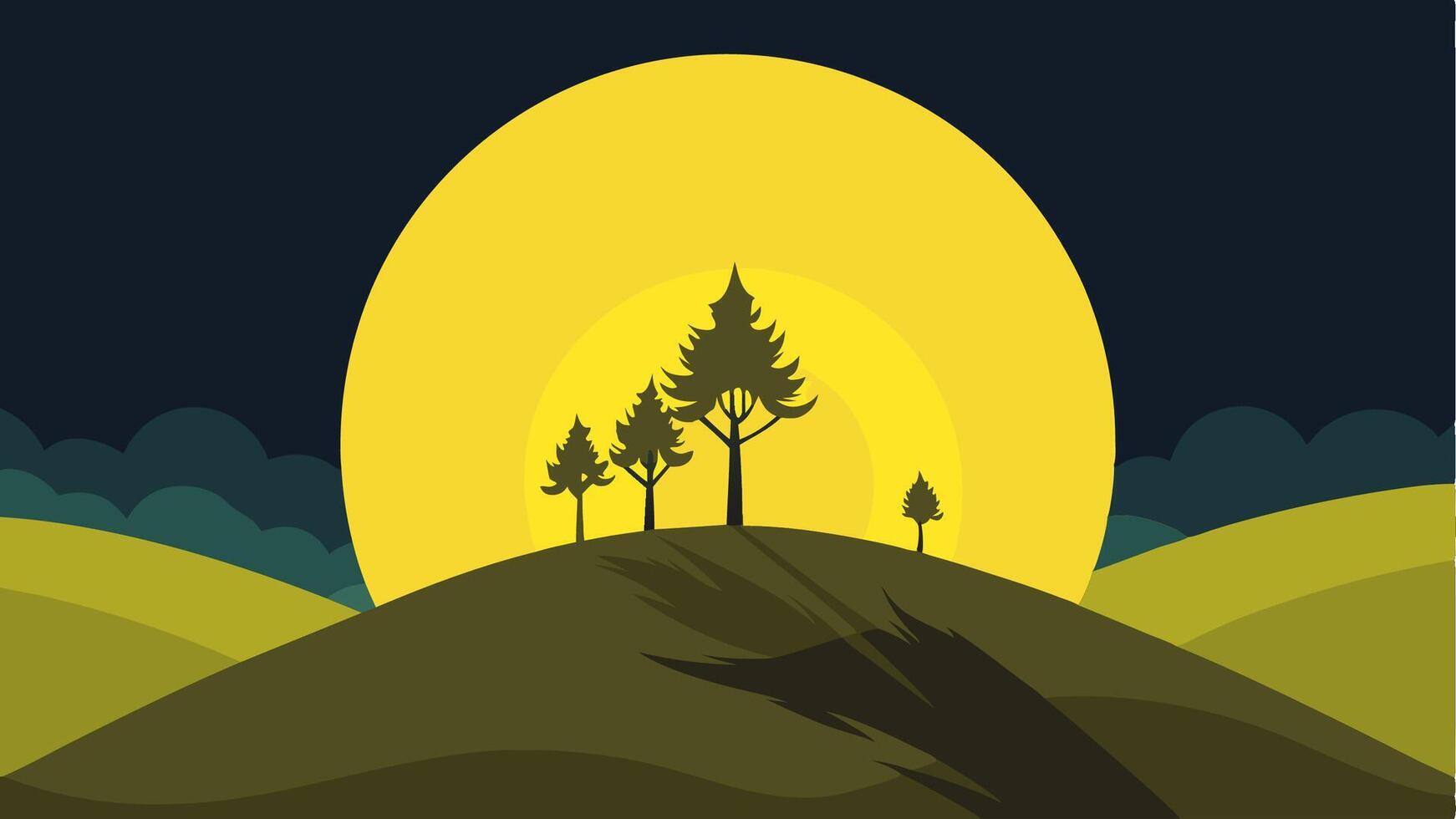 Minimalist landscape illustration of a full yellow moon over hills with trees for business vector