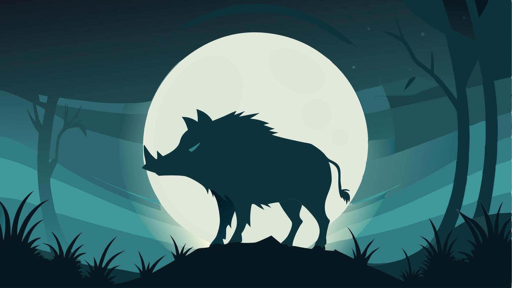 Silhouette of a wild boar against a full moon for a business, creative and digital purposes vector
