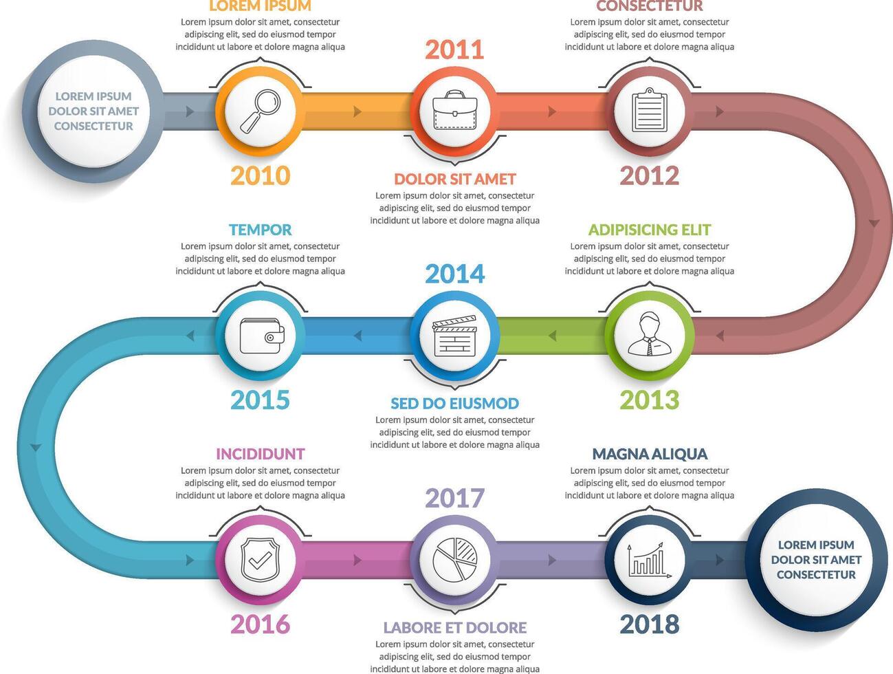 Colorful timeline infographics template with 9 steps, workflow, process, history diagram vector
