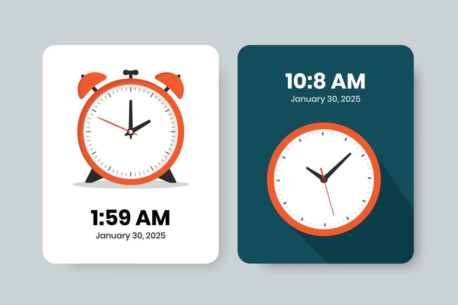 Old analogue clock illustration with two variations and digital time vector