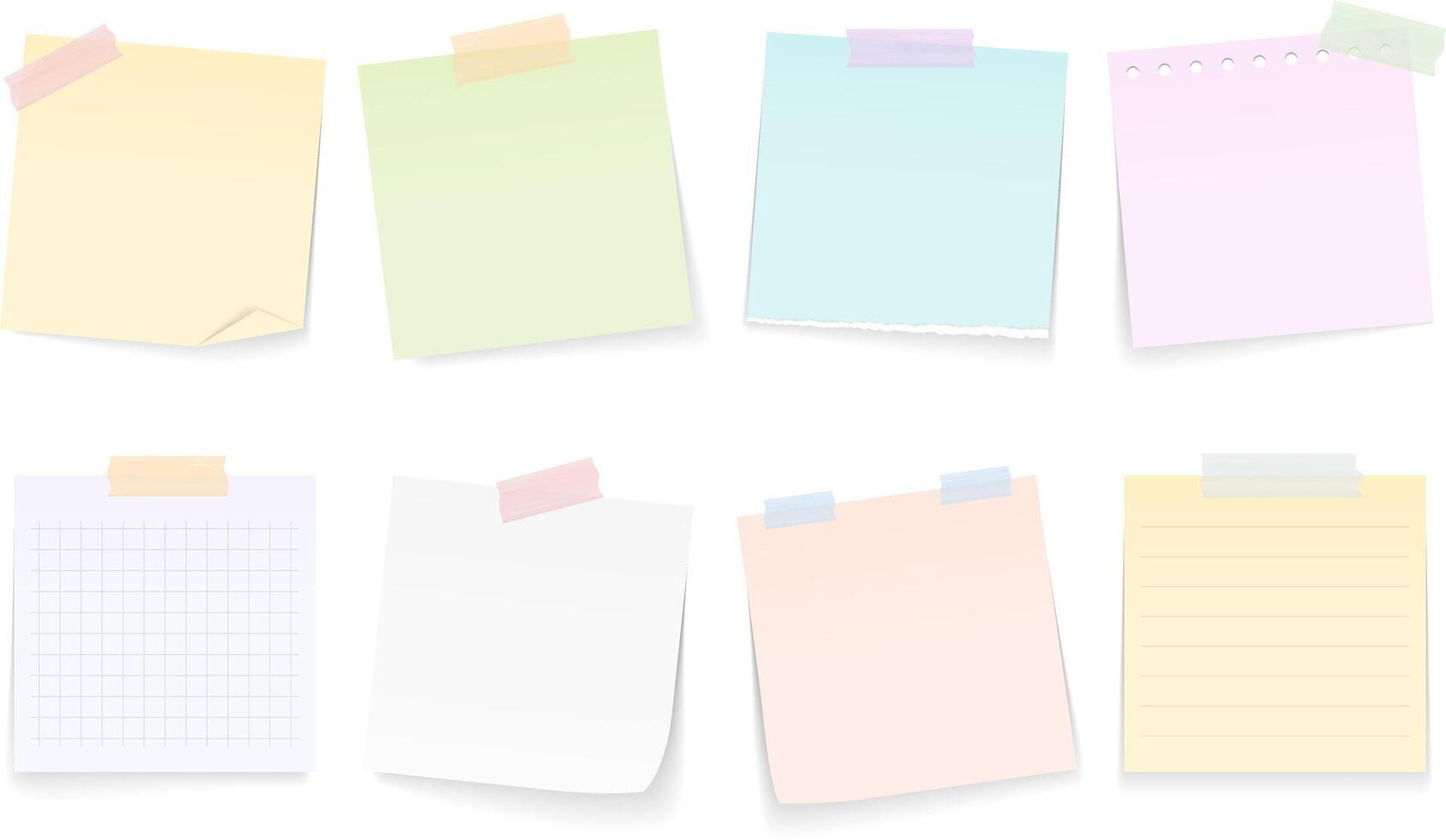 Blank paper notes attached by adhesive tape, white background vector