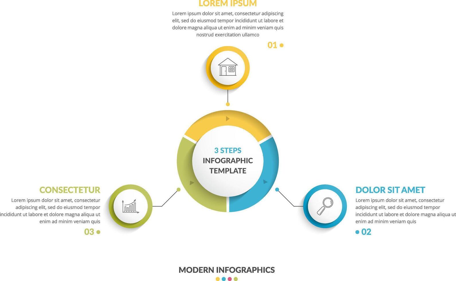 Circle infographic template with three steps or options, process chart, creative business infographics vector