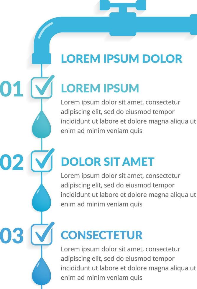 Infographic template with three steps with water drops and check marks, water infographics vector