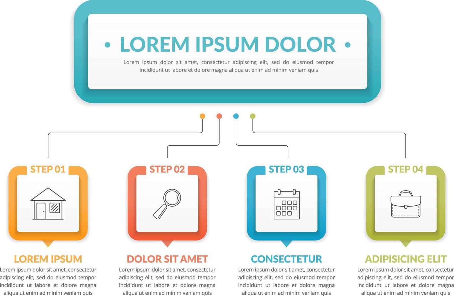 Infographic template with main idea and 4 steps or options, workflow, process chart vector