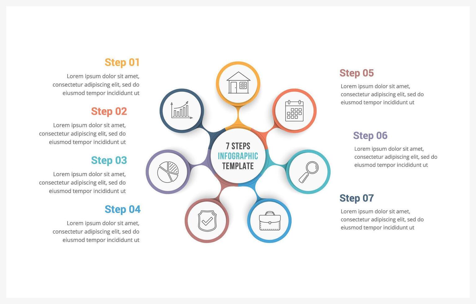 Circle infographics template with seven elements, can be used as process diagram, steps, options vector
