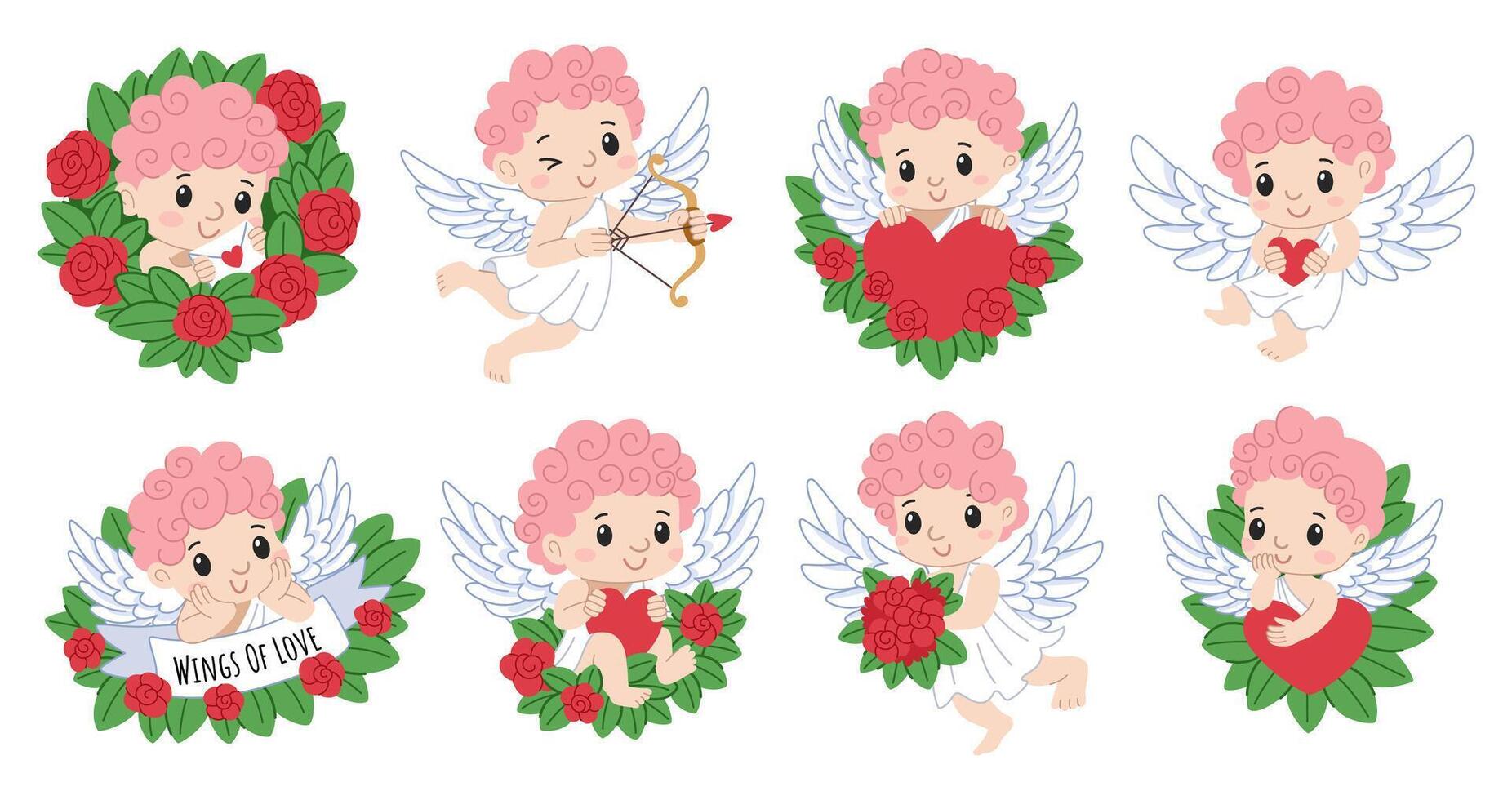 Cartoon cupids collection. Valentine s day characters. Cute angels with wings, flowers, hearts and love arrows. vector