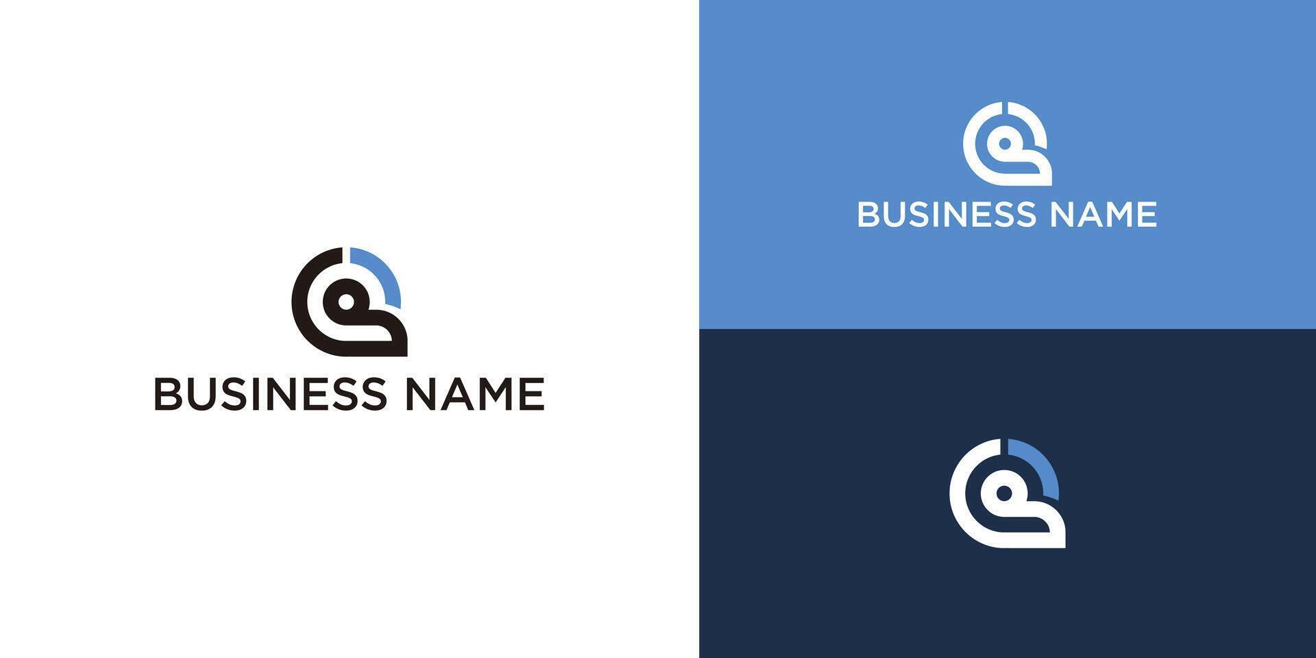Abstract logo design template with three color variations on white, blue and dark blue backgrounds. vector