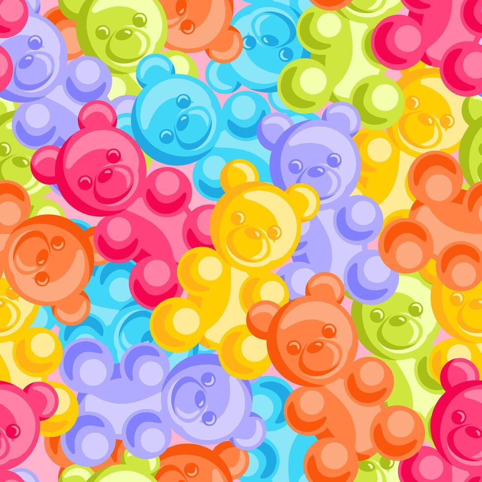 playful seamless pattern featuring colorful jelly bears in various vibrant shades. These adorable gummy candies are arranged beautifully, creating a cheerful and whimsical design perfect for packaging vector
