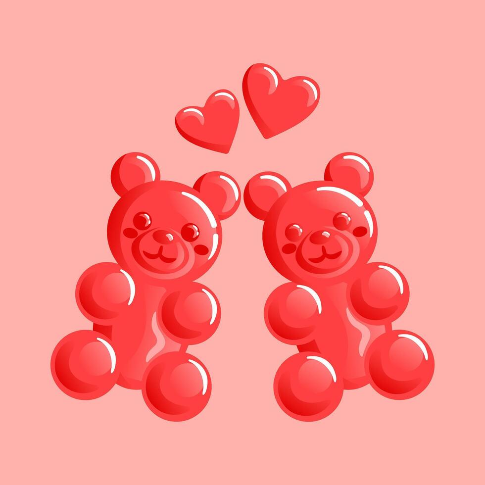 This vibrant illustration features a delightful arrangement of red gummy bears shaped like hearts, perfect for celebrating Valentines Day. playful and sweet representation of love and affection vector