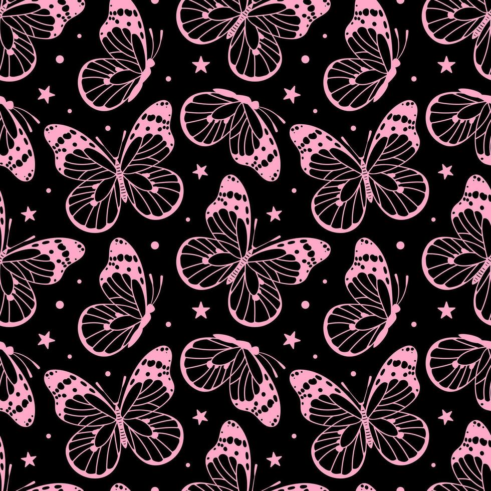 This illustration features a charming pattern of butterflies in emo style, pink and black . Perfect for bold designs, fashion, and youthful art, it embodies a unique, edgy aesthetic. vector