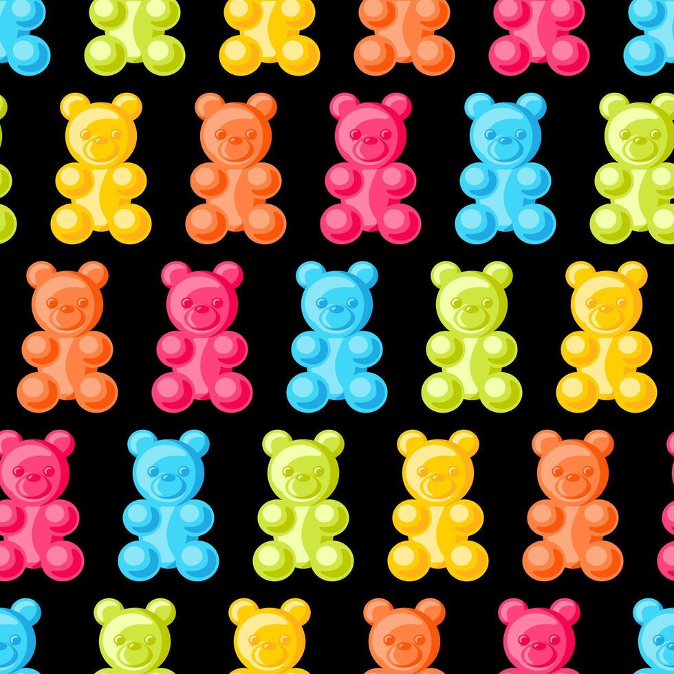 delightful seamless pattern showcasing cheerful gummy bears in an array of vibrant colors. Perfectly arranged, whimsical candies add a playful touch, ideal for children s products, packaging, festive vector