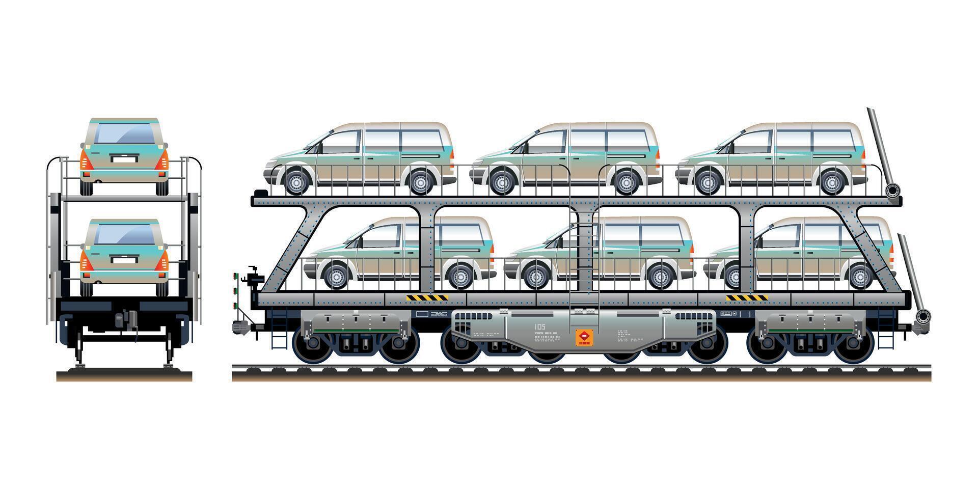 Car carrier railway carriage locomotive wagon vehicle transporting cars on two levels 3D illustration vector