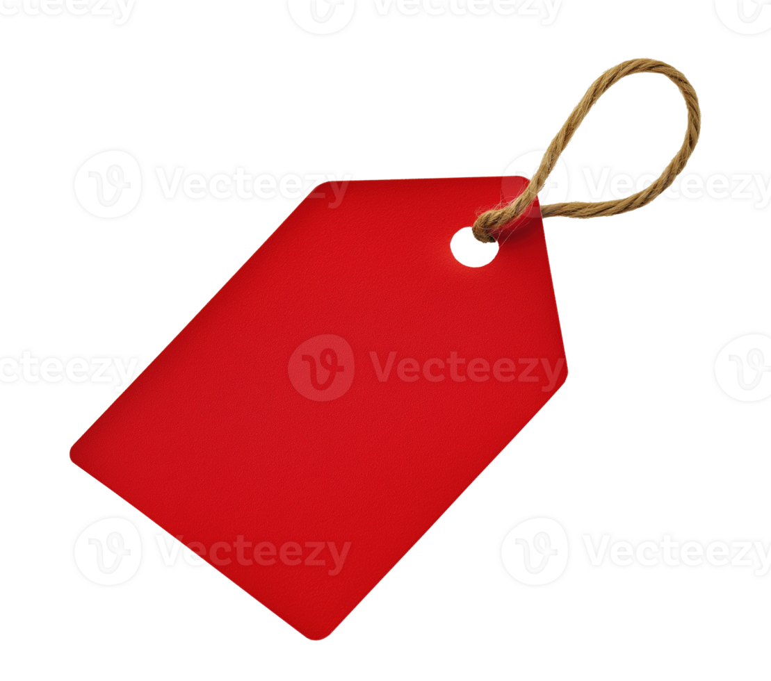 Bold red gift tag with twine loop image isolated transparent. Personalized labeling cut out . Christmas craft. Diy project. Handmade decor cutout element object photography png