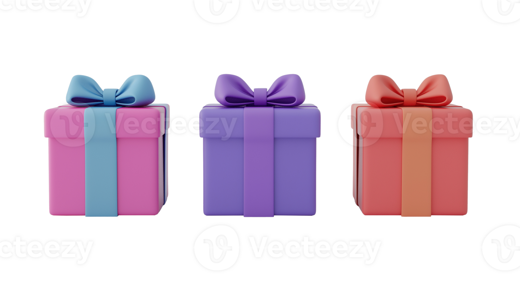 Three square giftboxes with smooth bows image set isolated transparent. Wrapped gift boxes cut outs collection. Special occasion decorative presents cutouts elements objects png