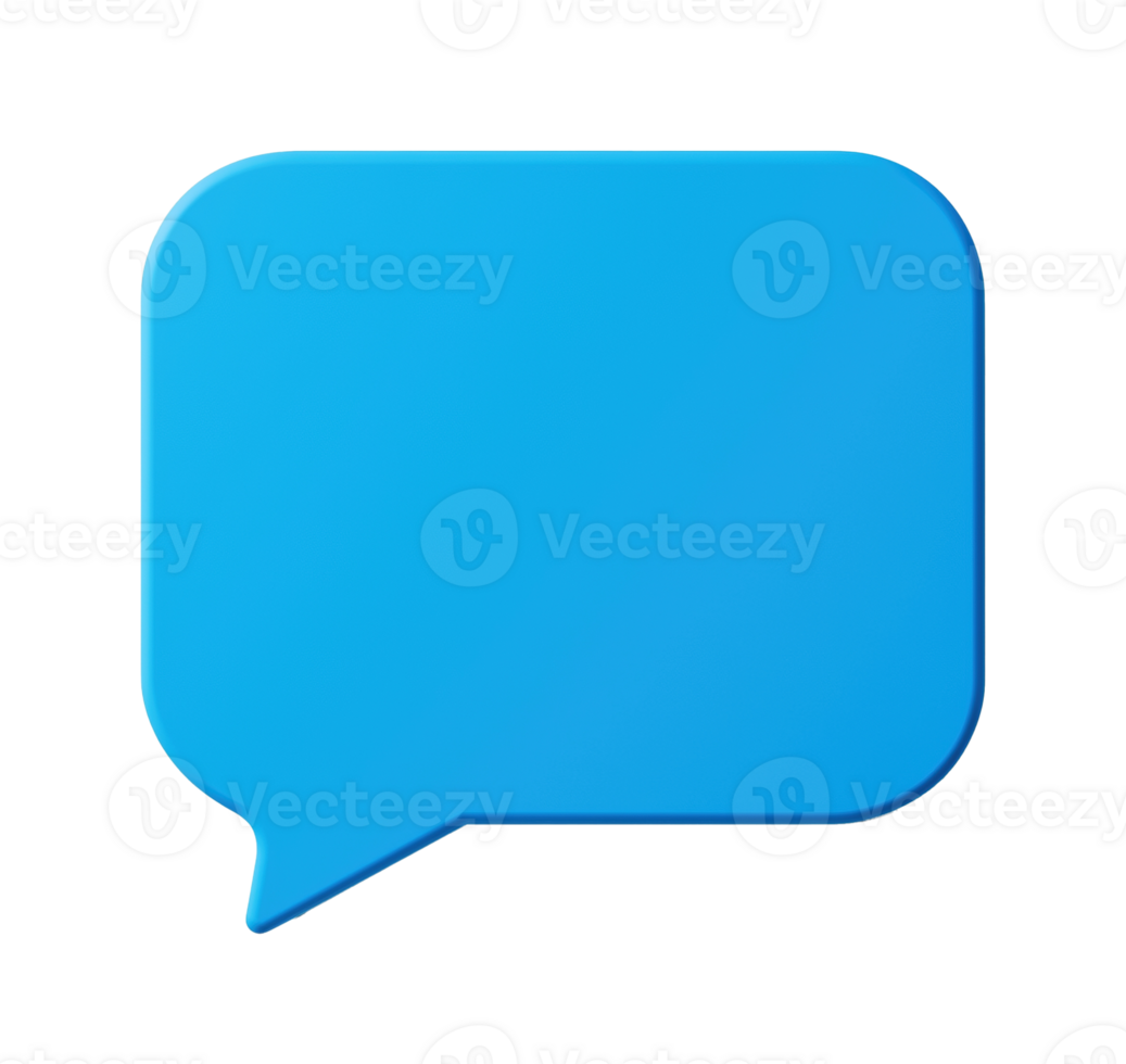 Bright blue rectangular speech bubble transparent image. Messaging, dialogue. Blank talk balloon isolated cutout 3d render. Communication chat cut out clipart design element png