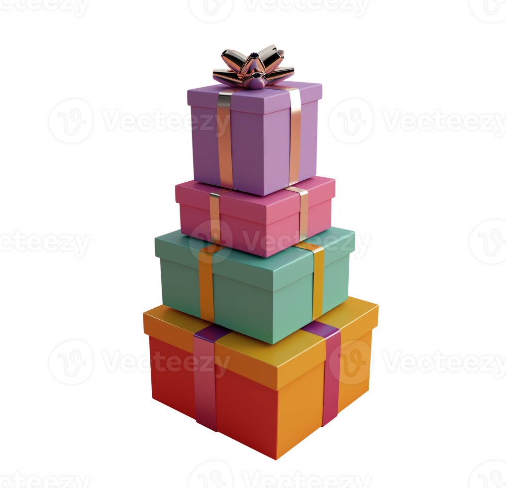 Stacked multicolored gift boxes with metallic ribbons image isolated transparent. Festive occasion presents cut out . Birthday giftboxes cutout element object photography png