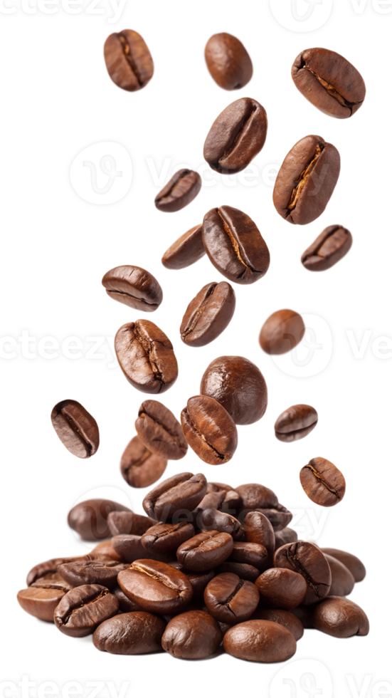 Coffee beans floating in mid-air, isolated on a transparent background png