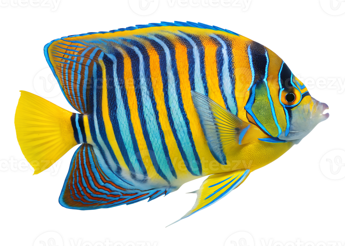 A regal angelfish with blue and yellow striped patterns swimming, isolated on a transparent background png