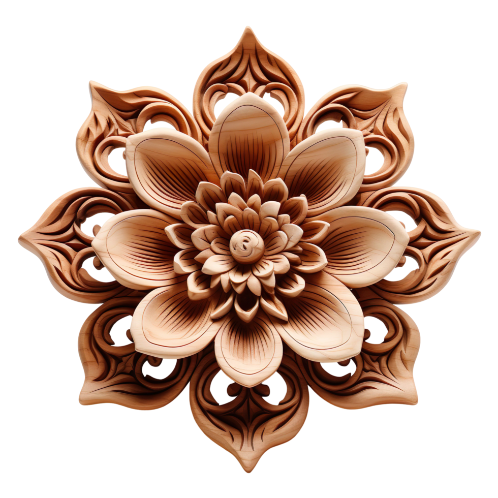Intricate wood carving of a flower isolated on transparent background png