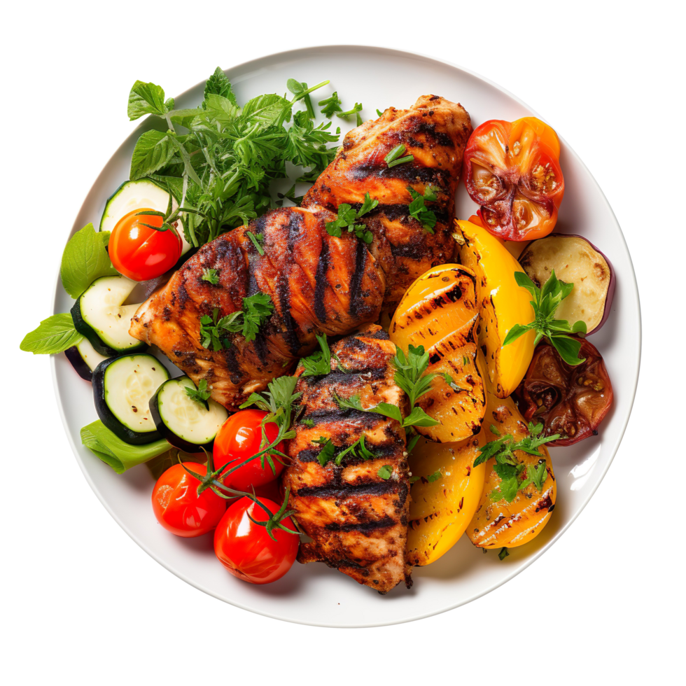 grilled chicken breasts with vegetables isolated on transparent background png