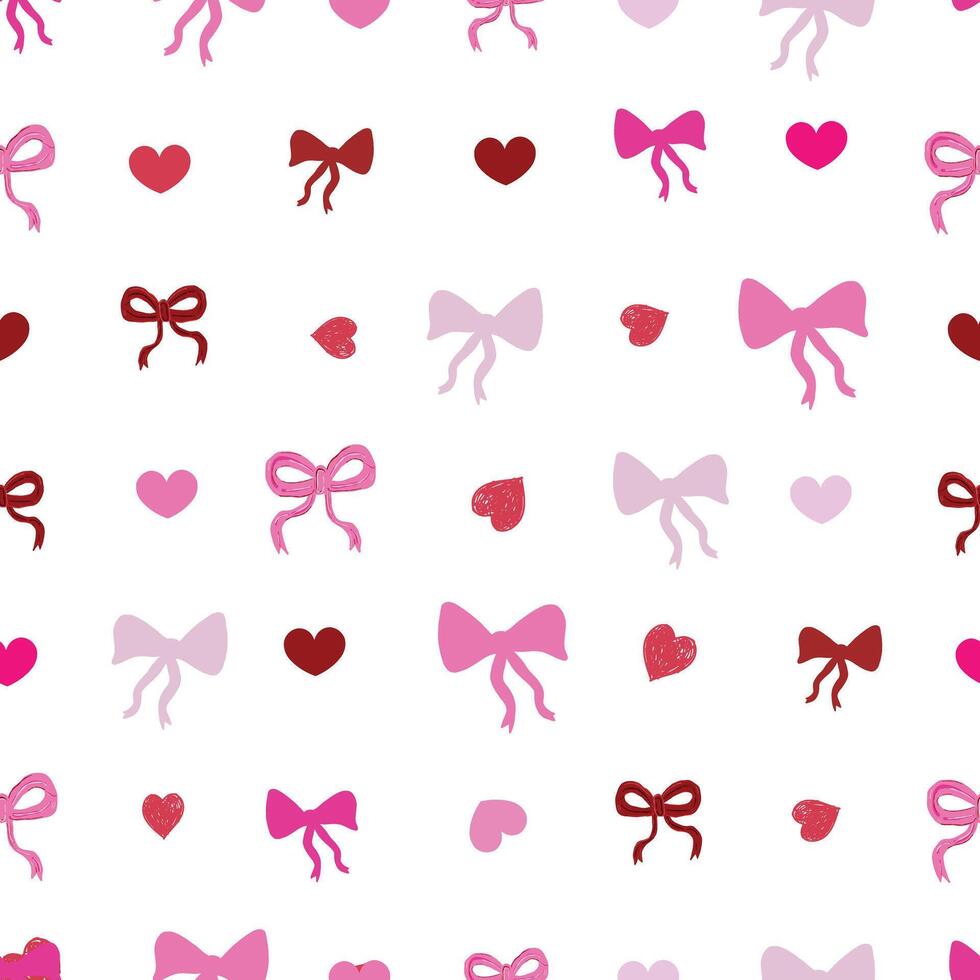 Bows and hearts. Cute hand drawn Valentine's design seamless fabric pattern vector