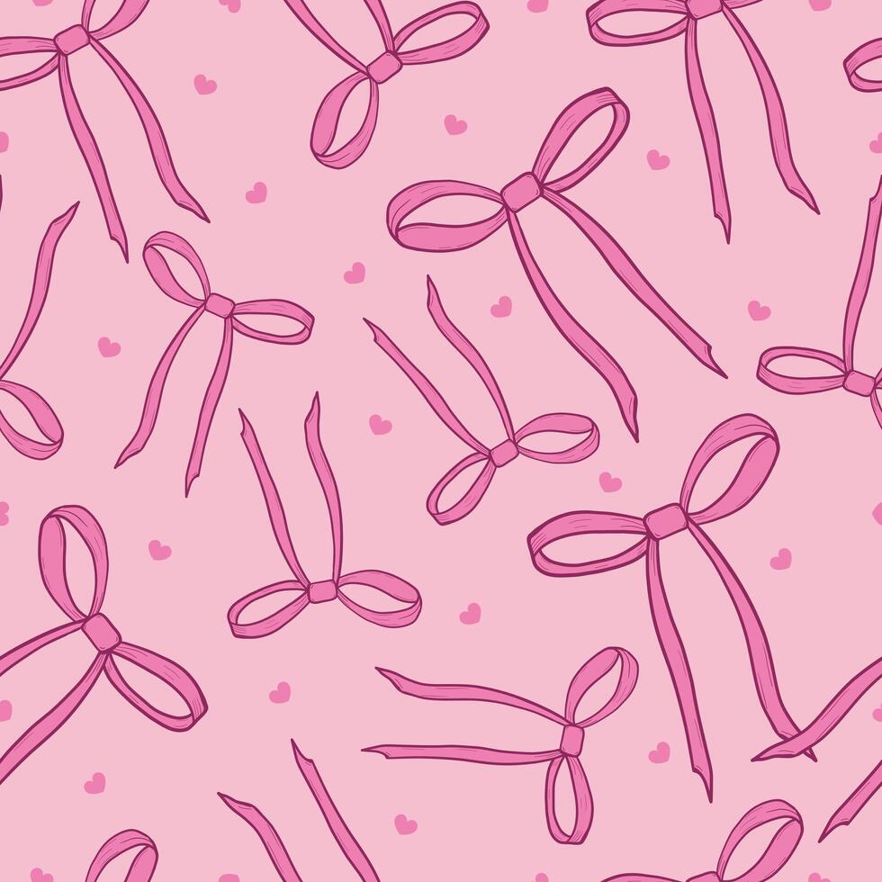 Pink cute hand drawn bow ties with small hearts. Seamless fabric design pattern vector