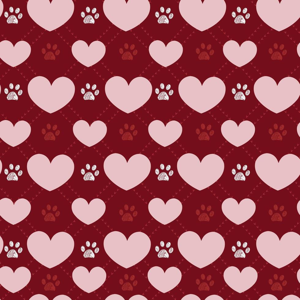 Plaid pink hearts with cute paw prints. Seamless fabric design pattern vector