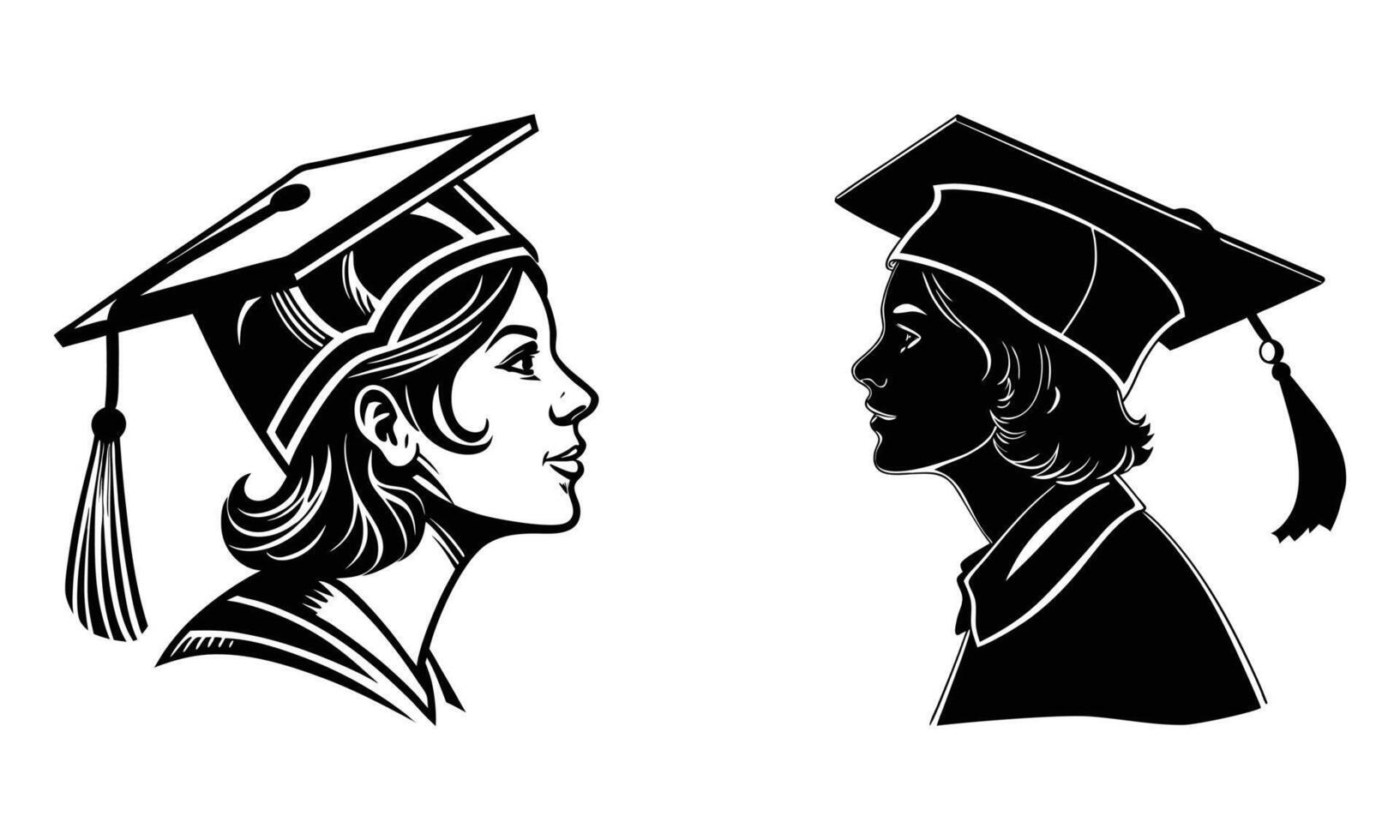 Flat Silhouette line art icon Graduate Women Student isolated on white background vector