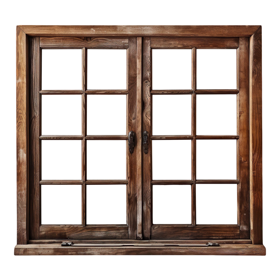 Old big brown wooden window frame isolated on transparent background png