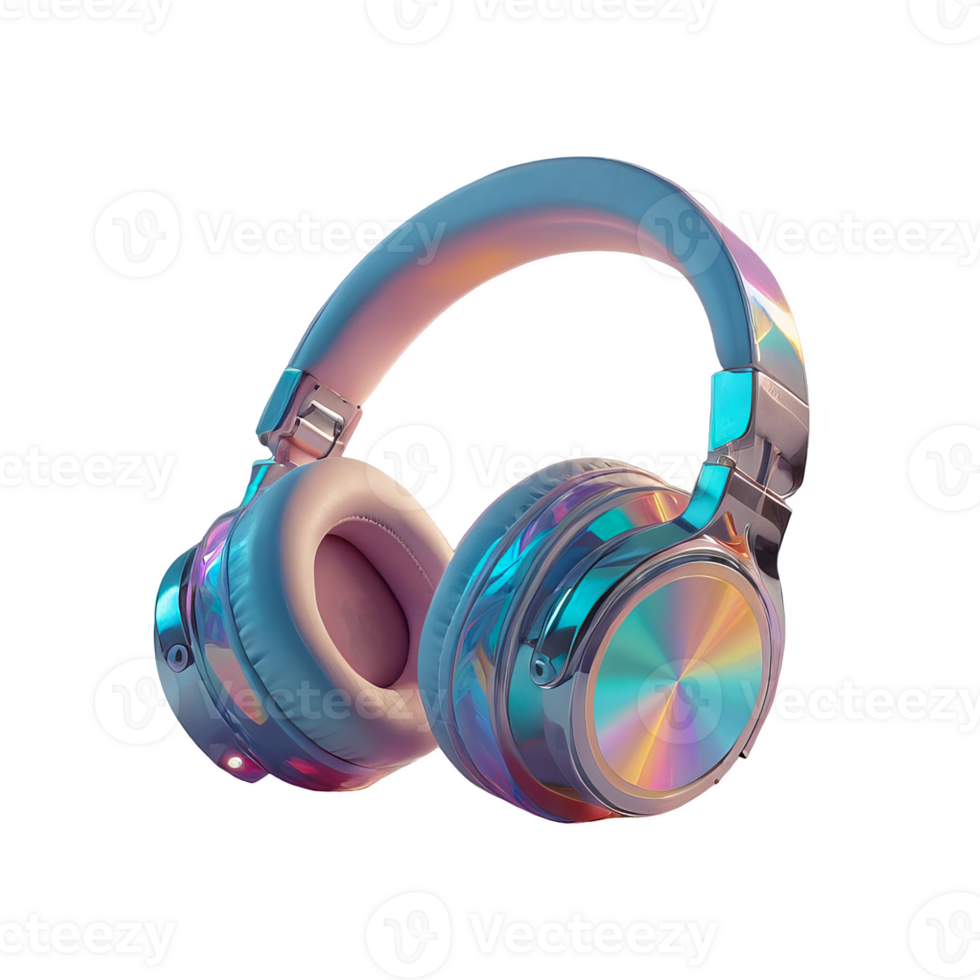 3D chrome element in Y2K style, isolated background, liquid holographic metal. Pair of headphones with a rainbow design, silver and blue. png