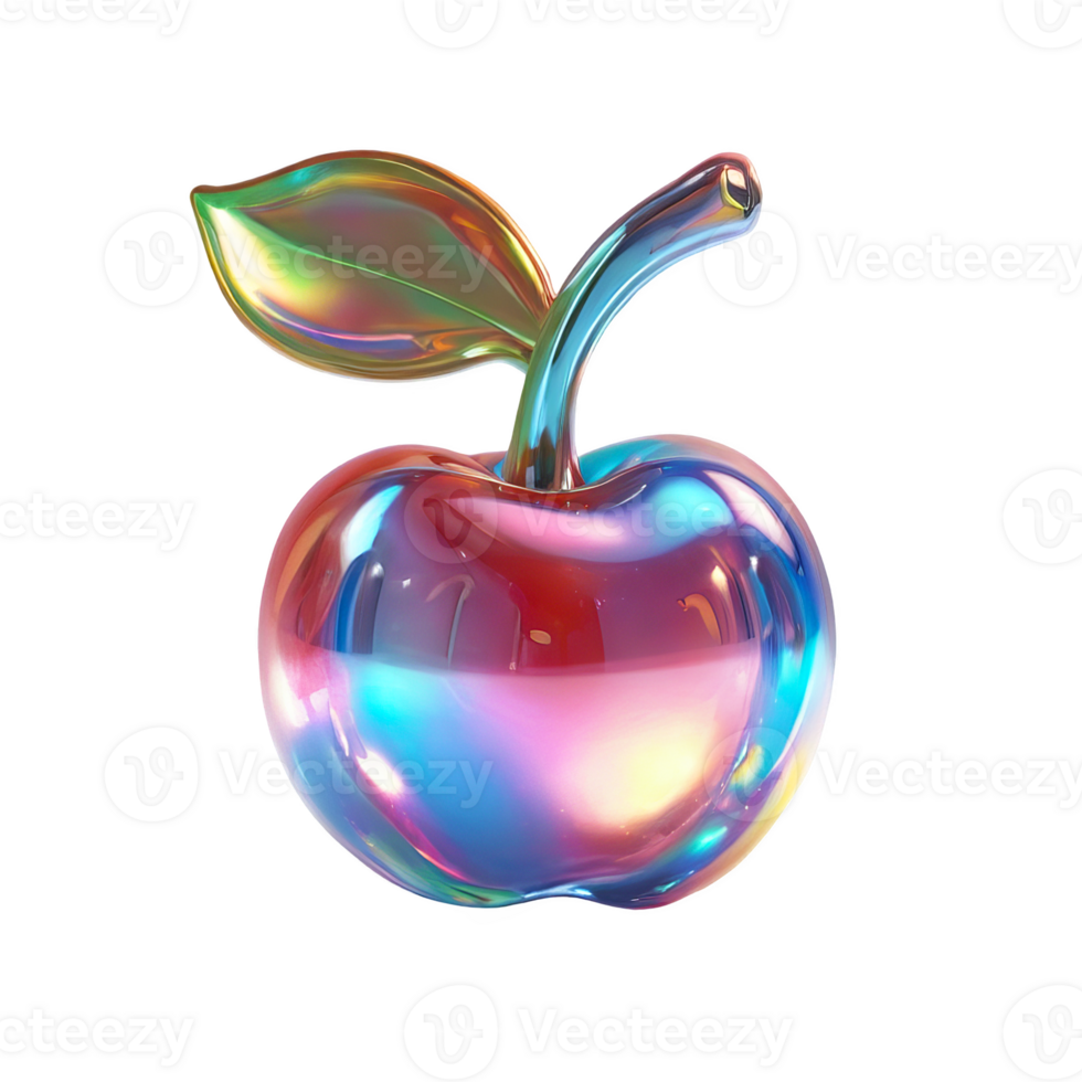 3D chrome element in Y2K style, isolated background, liquid holographic metal. A colorful apple with a green leaf, shiny rainbow surface. png