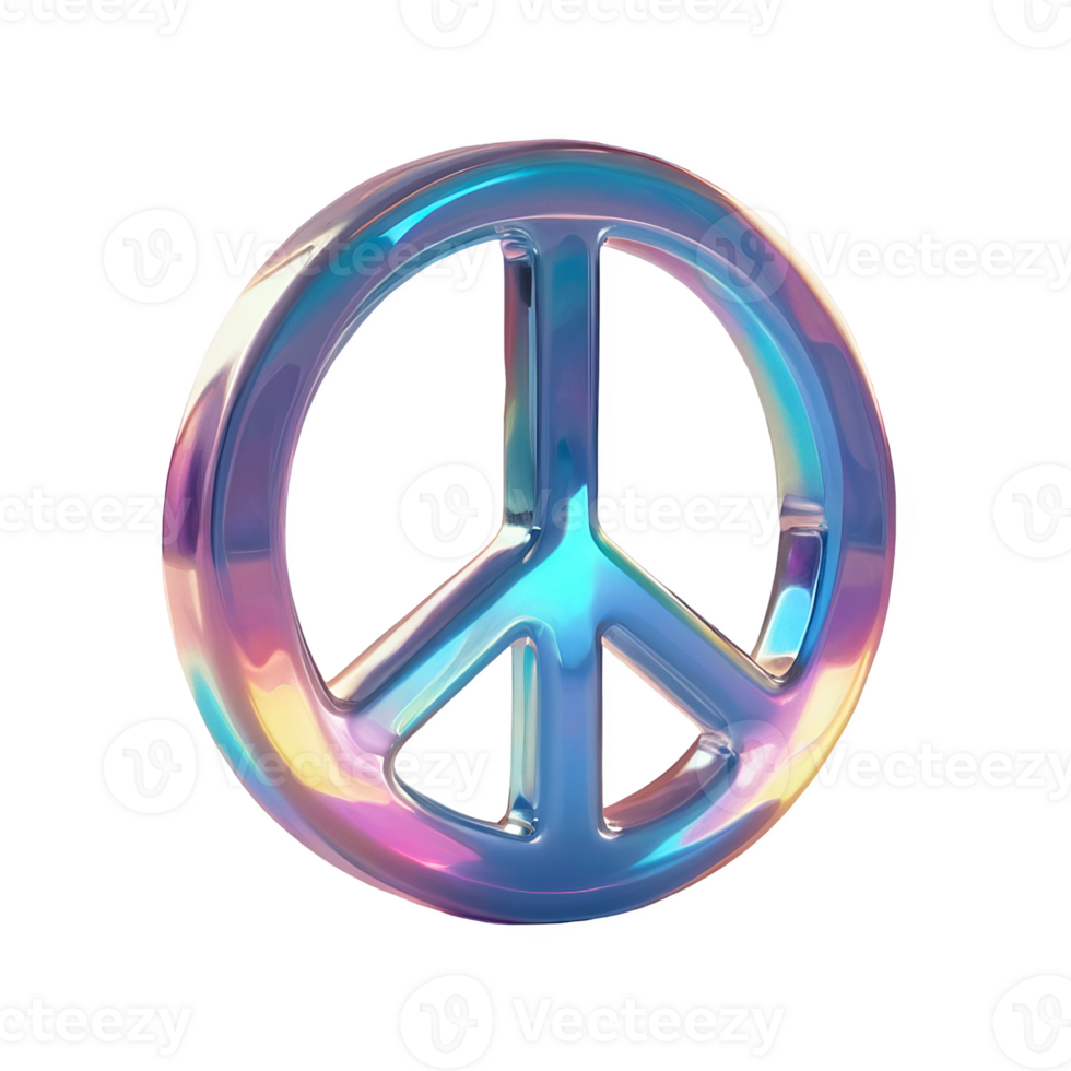 3D chrome element in Y2K style, isolated background, liquid holographic metal. Peace sign made of colorful glass symbol of harmony. png