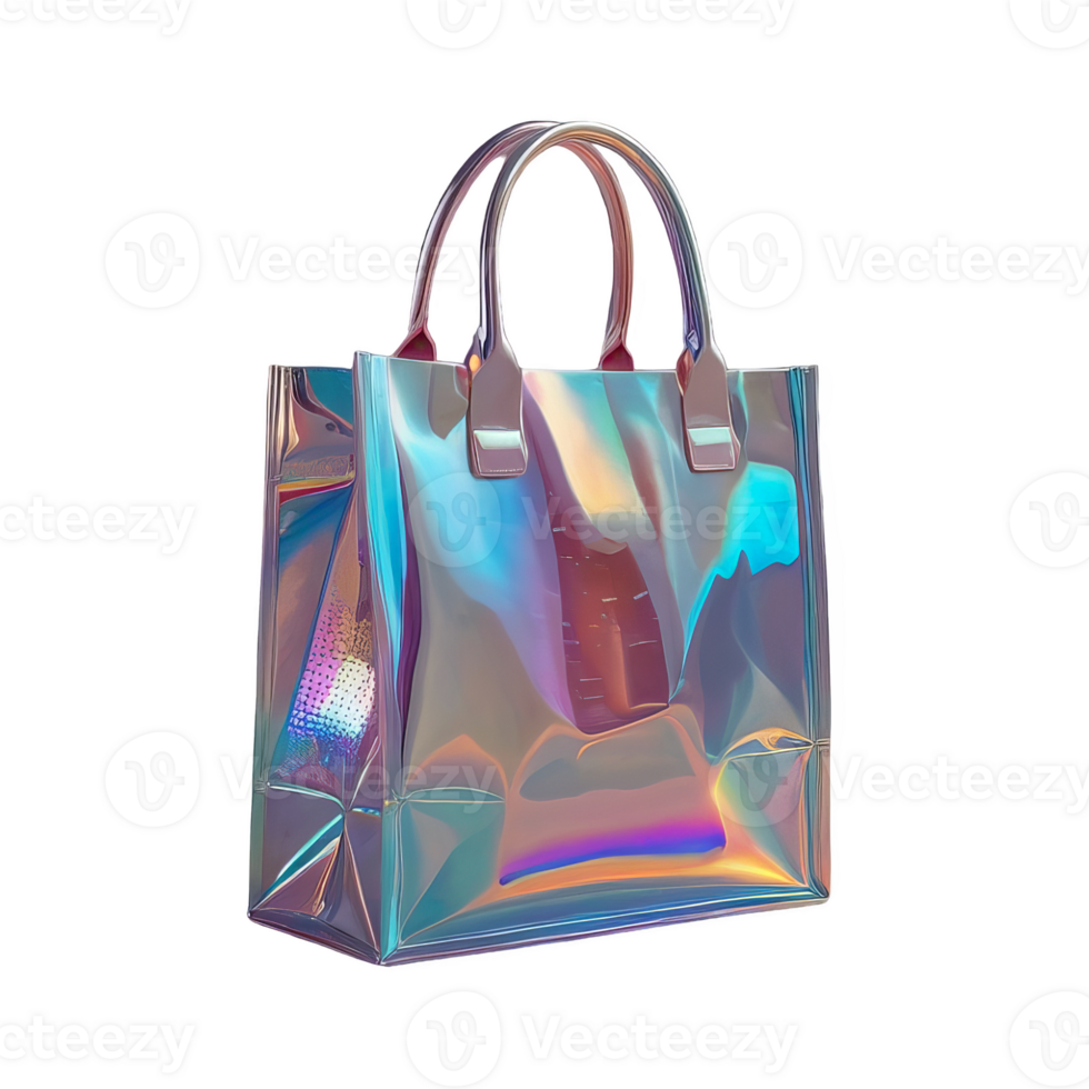 3D chrome element in Y2K style, isolated background, liquid holographic metal. Shopping bag with rainbow design made of plastic, shiny reflective surface. png