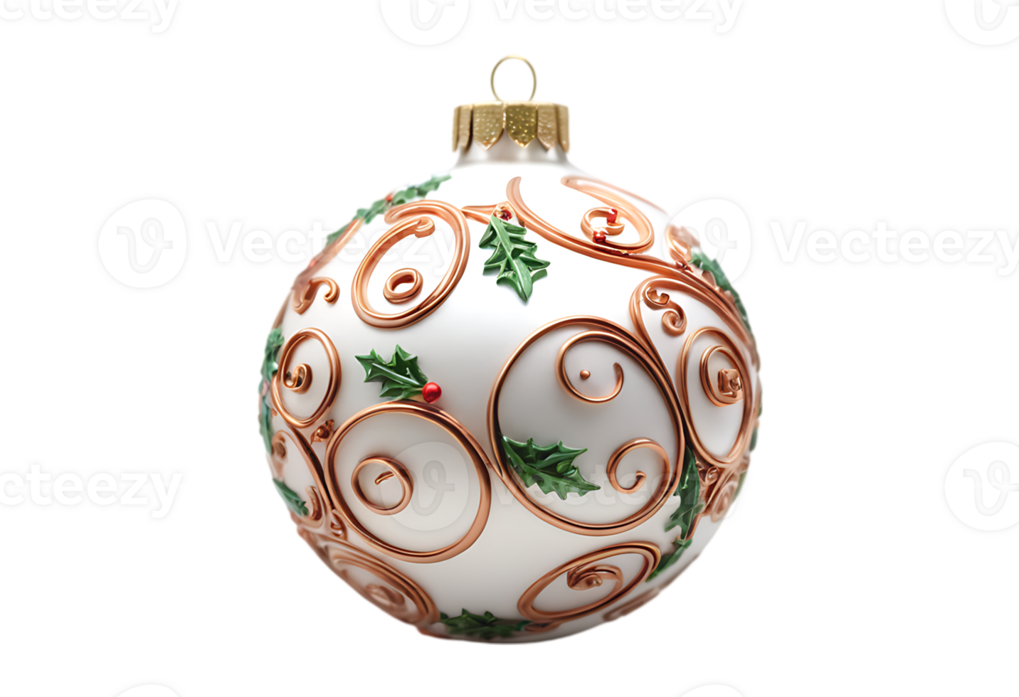 A christmas ornament with a white ball with green and gold designs png