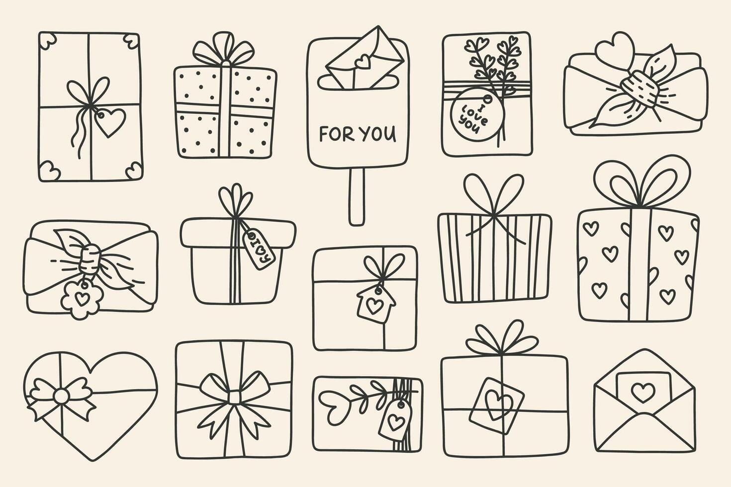 Valentines day gifts with bows in doodle style. Set holiday boxes with hearts. Hand drawn sketch icon vector
