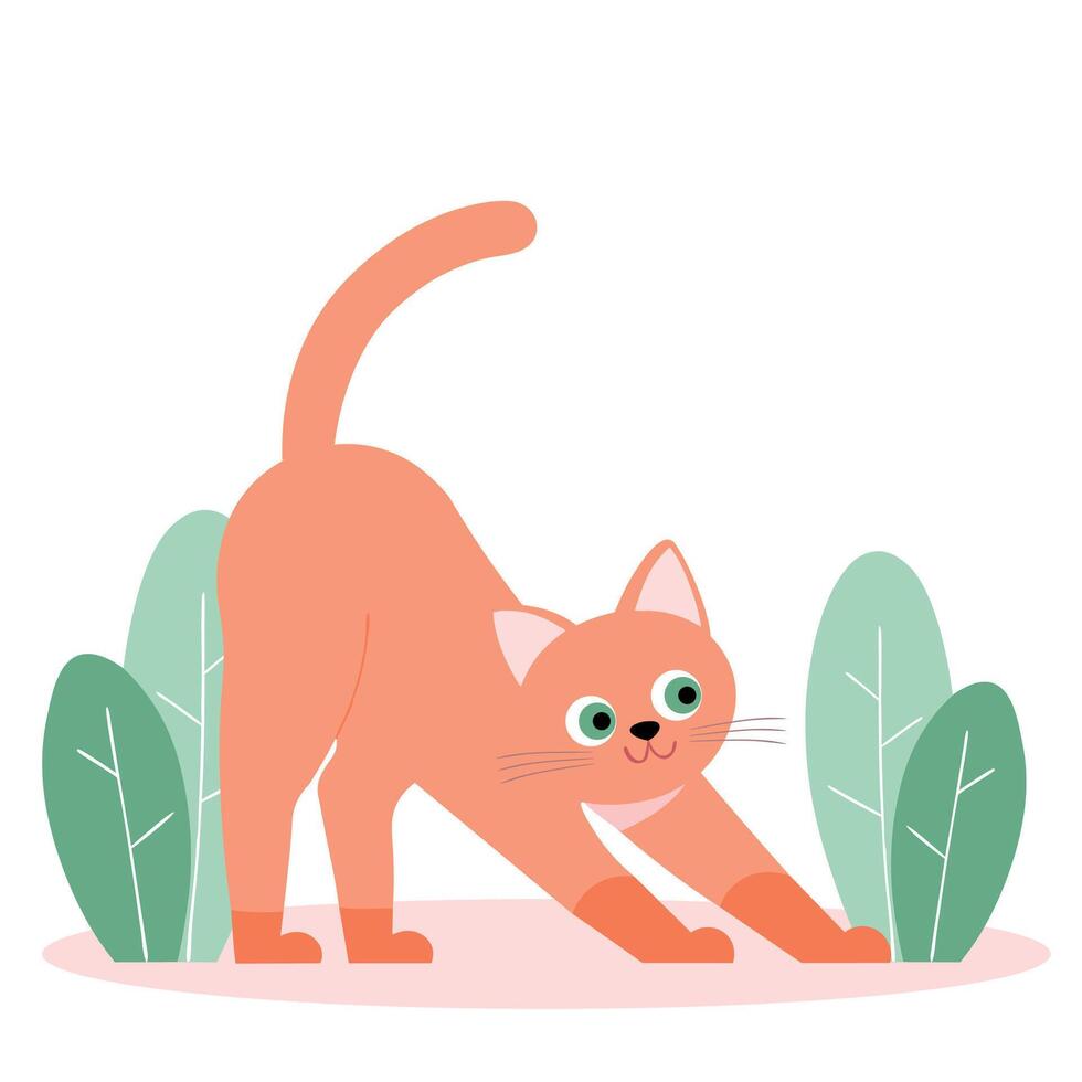 Cute red kitten character stretching amidst green plants flat illustration vector