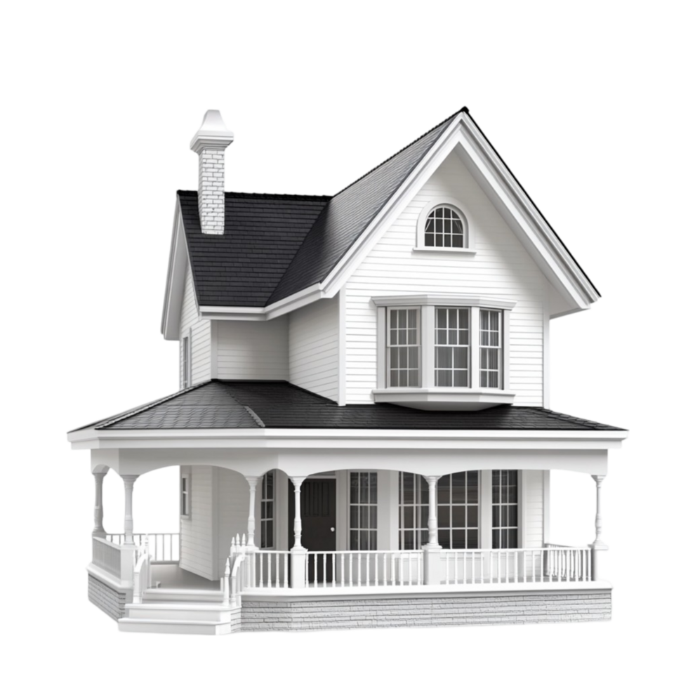 A vintage white house with a porch on a transparent background png