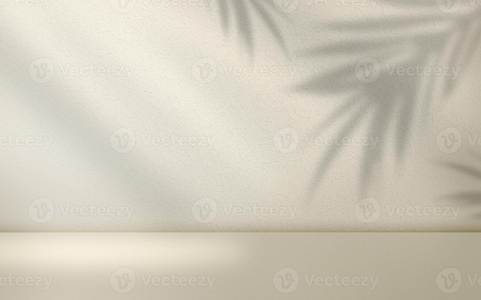 Minimal Background Beige Cream podium Empty room with shadows of window and flowers and palm leaves.Wall interior background, studio and backdrops show products. with leaf shadow photo