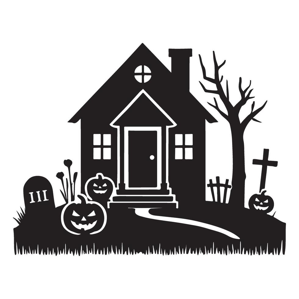 Silhouette of a spooky cottage with Halloween elements vector