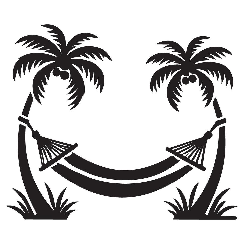 Silhouette of a hammock between two palm trees vector