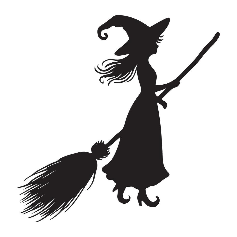 Witch Flying on Broomstick Silhouette Illustration for Halloween Decorations vector