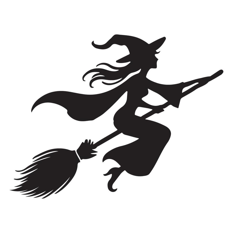 Halloween Witch Flying on Broom Silhouette Art vector