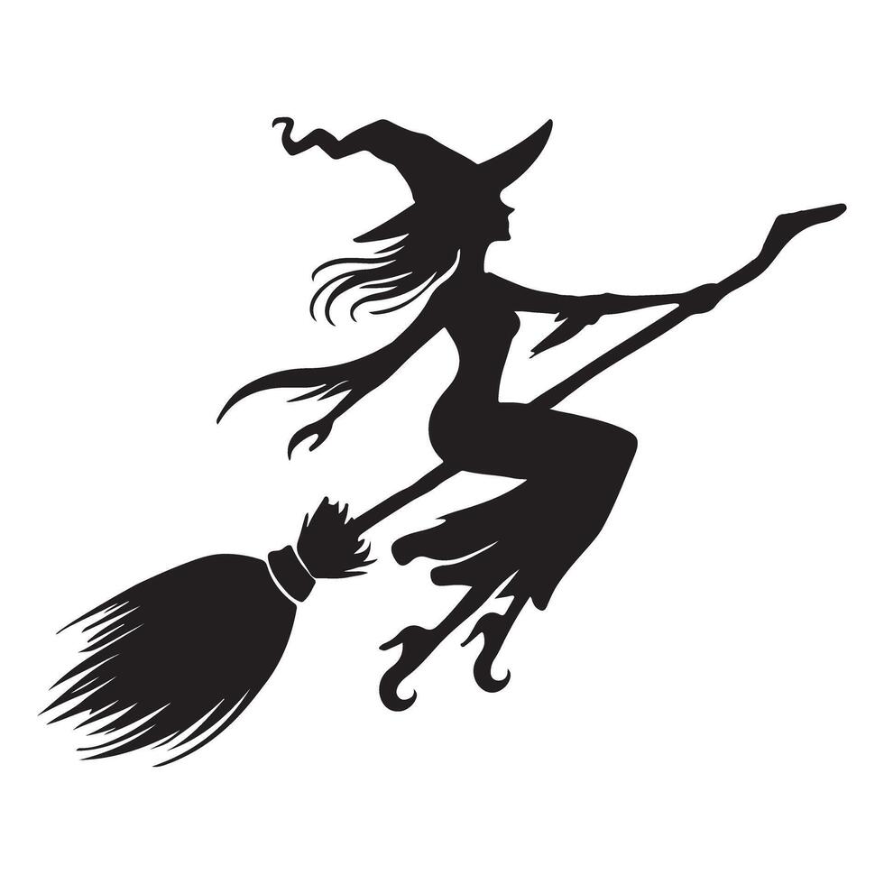 Halloween Witch Flying on Broom Silhouette vector