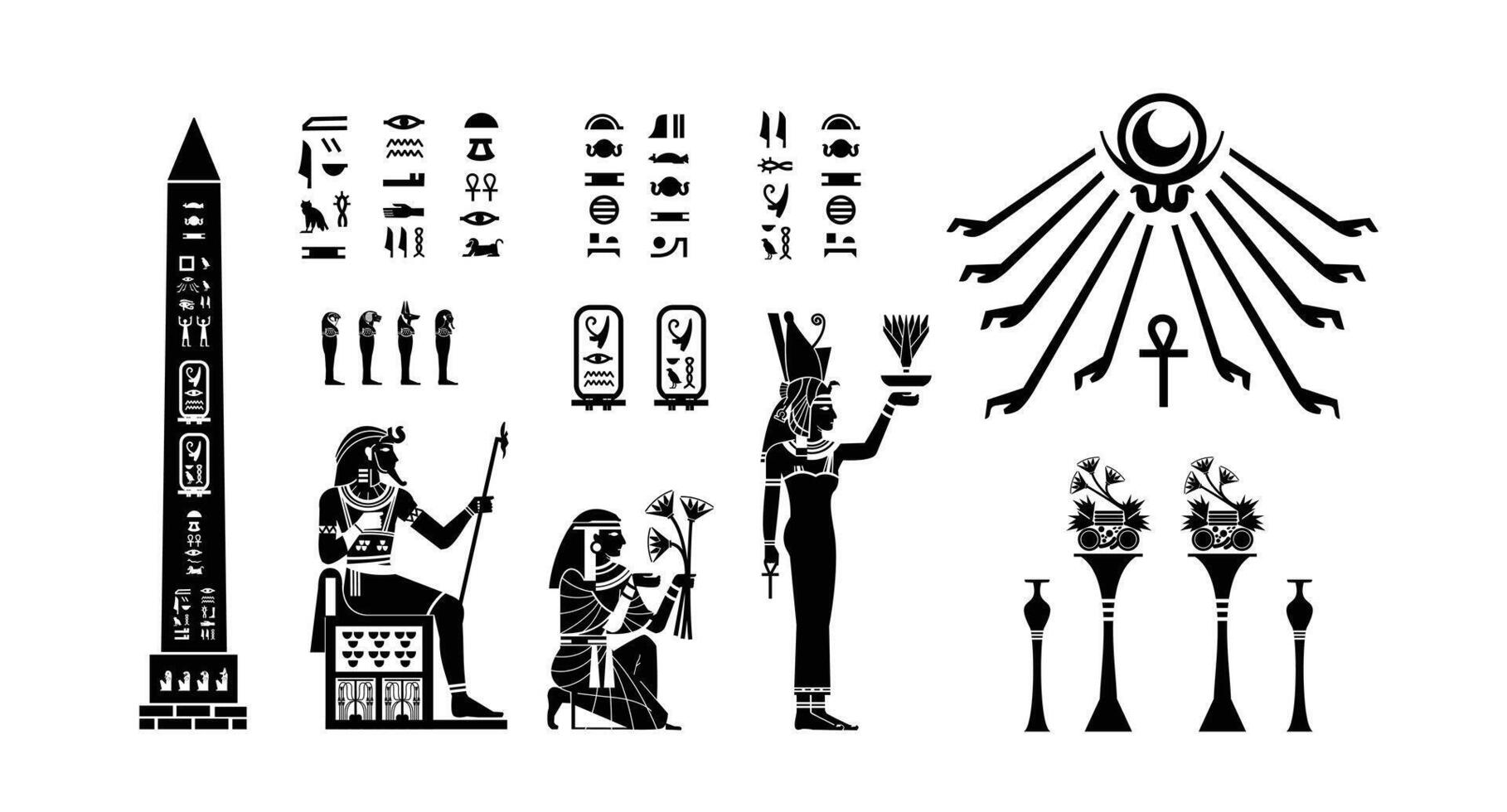 Egyptian papyrus with king and queen offering sacrifice to the gods in silhouette. Ancient Egyptian gods and goddesses in historical hieroglyphic paper art. vector