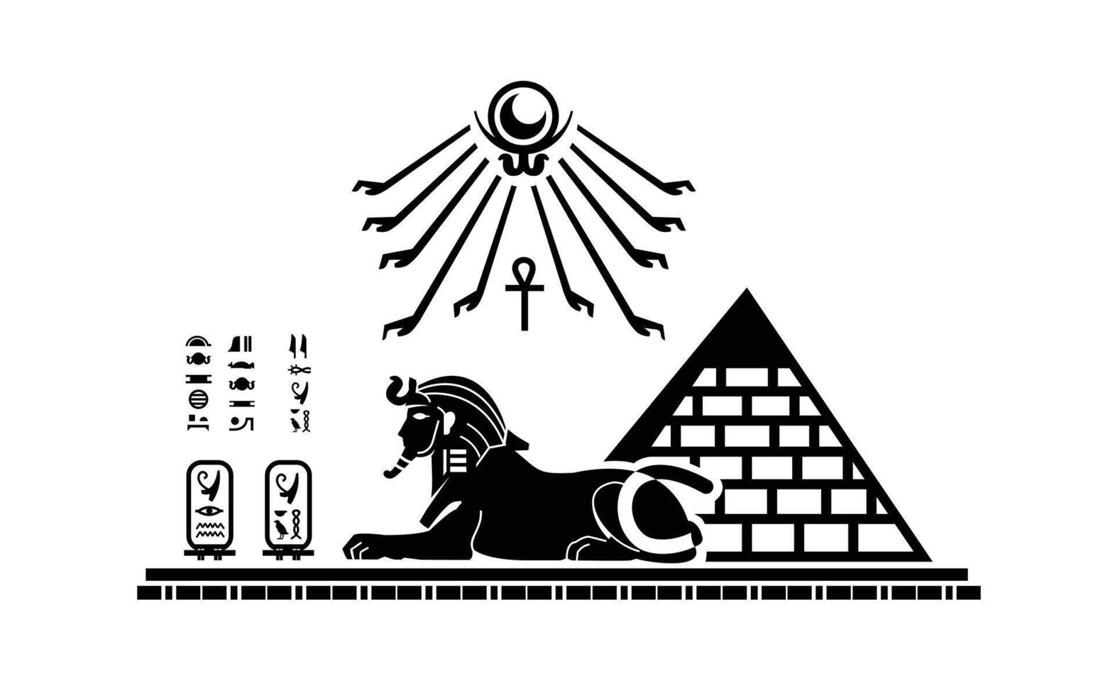 Silhouette of Ancient Middle Eastern Egyptian sphinx lion with pyramid and hieroglyphics vector