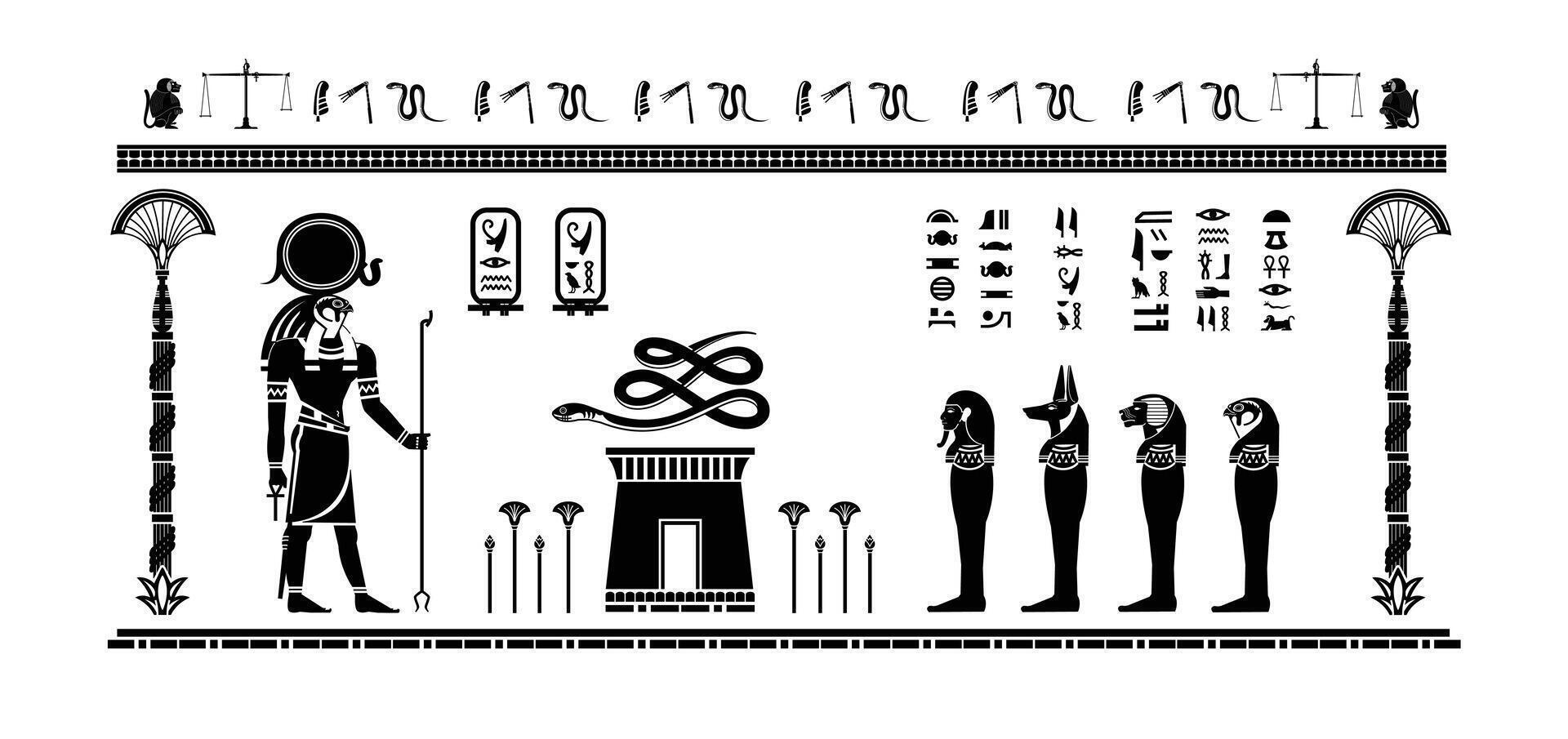 Egyptian papyrus with gods and goddesses offering sacrifices to ra in silhouette. Ancient Egyptian gods and goddesses in historical hieroglyphic paper art. vector