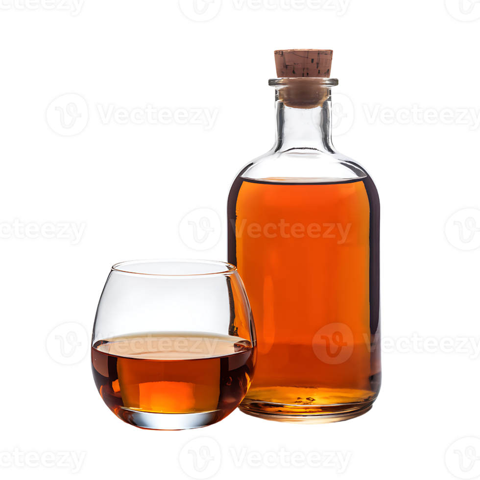 Amber Liquid in Glass and Bottle on transparent background png