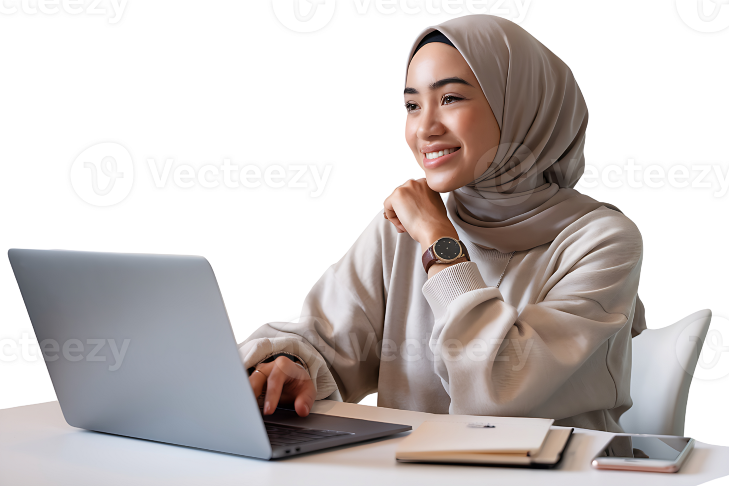 Smiling Woman in Hijab Working on Laptop on transparent background png