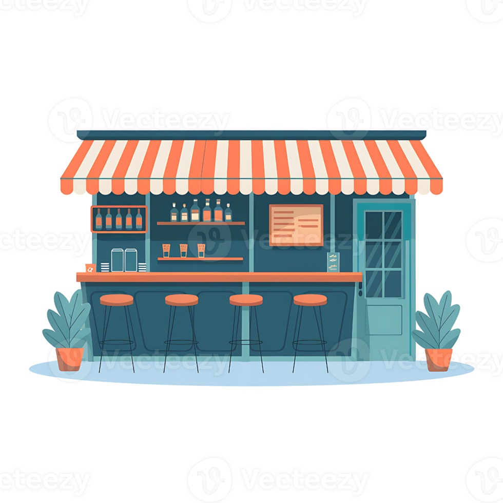 Charming Outdoor Bar Illustration A Quaint Bar with Striped Awning and Stools on transparent background png